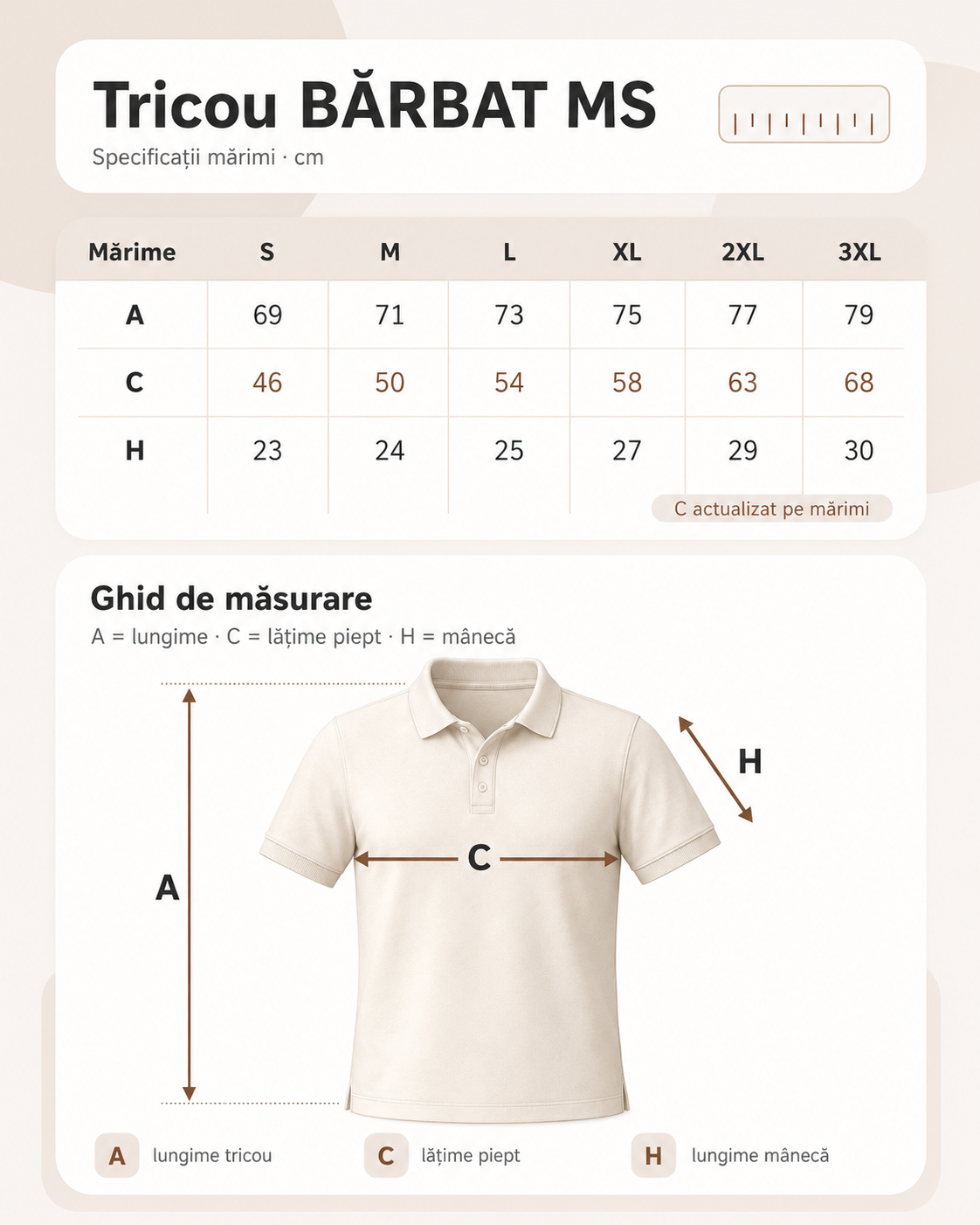 Tabel de mărimi pentru Tricou Polo Bleumarin - Asistență Rutieră